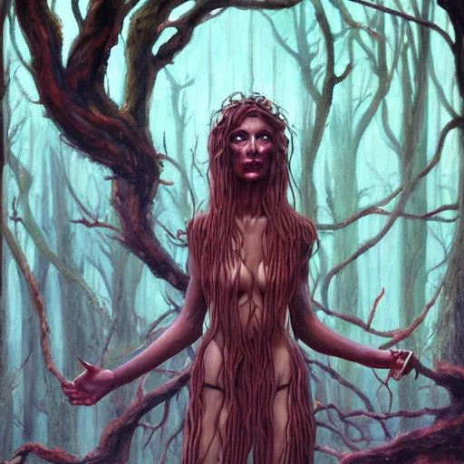 Image similar to A beautiful painting of female dryad, whose face is made of wood by Michael Whelan, Trending on artstation, subtle horror theme, menacing.