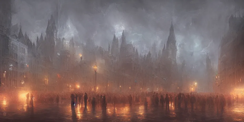 Image similar to a heavy swirling fog during a parade, soft lighting, night, unreal engine, digital art, 8 k, oil painting, fantasy art, illustration, detailed and intricate environment