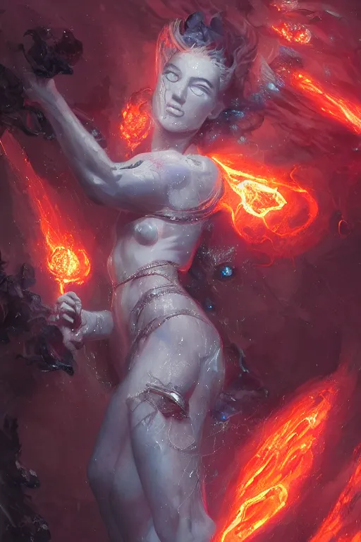 Prompt: torso closeup model wearing exploding ice fire lava dress, sorcerer, diamonds, angel, fantasy, dramatic lighting, highly detailed, digital painting, holding electricity, magic the gathering, hyper detailed, 3 d render, hyper realistic detailed portrait, peter mohrbacher, wlop, ruan jia