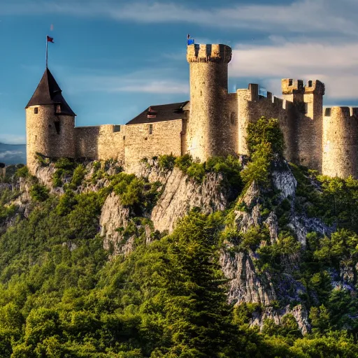 Image similar to Castle on top of a mountain, mountain top castle, medieval castle, in the distance, taken from afar, 8k, photography