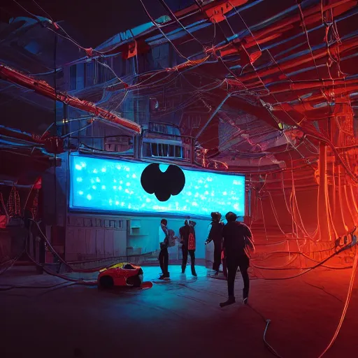 Image similar to people building mickey mouse head, on a scene, cables hanging and a neon logo in the background, beeple daily art, sci fi, cyberpunk