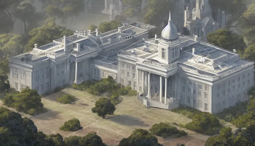 Image similar to A highly detailed matte painting of american huge the white house (((((((((castle))))))))) by Studio Ghibli, Makoto Shinkai, by Artgerm, by WLOP, by Greg Rutkowski, volumetric lighting, octane render, 4K resolution, trending on artstation, masterpiece