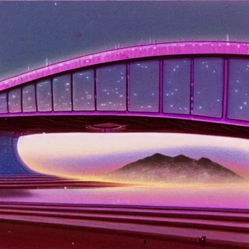 Image similar to floating holographic krang spaceship floating underneath rainbow gate bridge, art by bruce pennington, cinema still, film grain