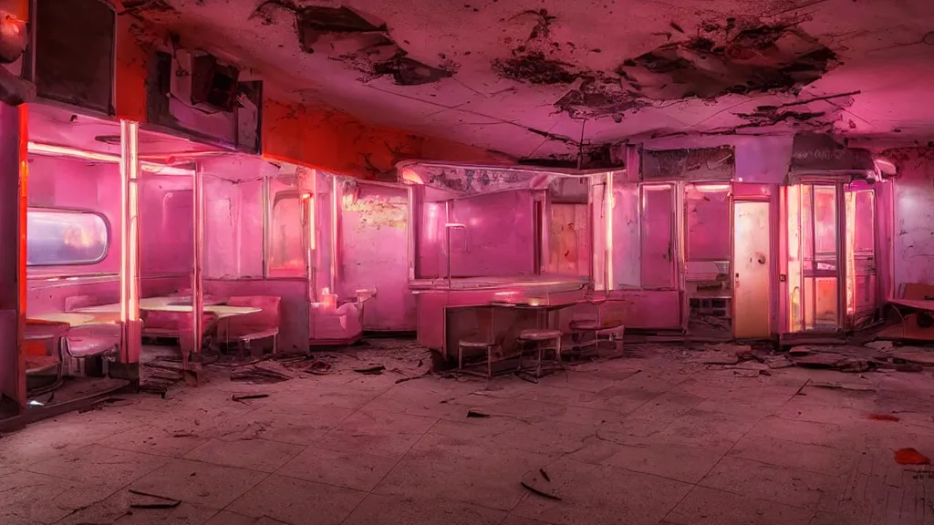 Prompt: the inside of an abandoned 5 0's diner at night, by lee madgwick and bastien lecouffe - deharme, pink and orange neon lights, highly detailed interior, artstation trending, cryenging 8 k uhd