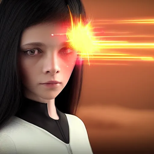 Prompt: cgi girl in casual clothes with long black hair with a dune - style force field