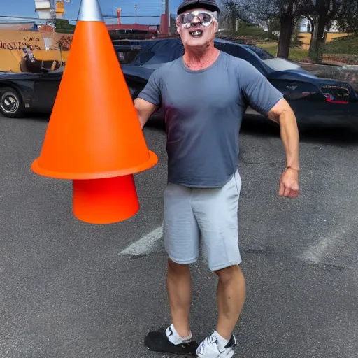 Image similar to ripped physique winged man Norm MacDonald disguised as a mothra whilst wearing a traffic cone hat darick robertson