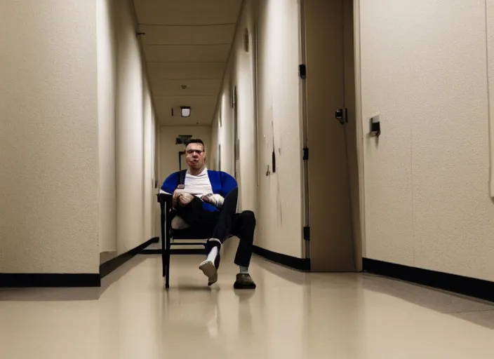 Prompt: a man sitting in a chair in the middle of an empty school hallway