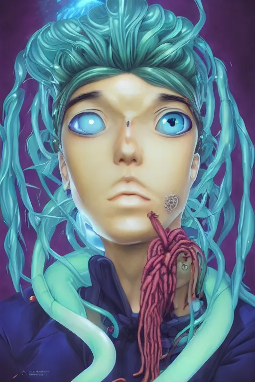 Image similar to portrait of an anime manga guy with floating snake dreads, straight on, by artgerm, james jean, tom bagshaw, gerald brom, vaporwave colors, lofi colors, vaporwave, lofi, goth vibe, 4 k, smooth, hd, substance designer render, full body character concept art, symmetrical, 2 point lighting,