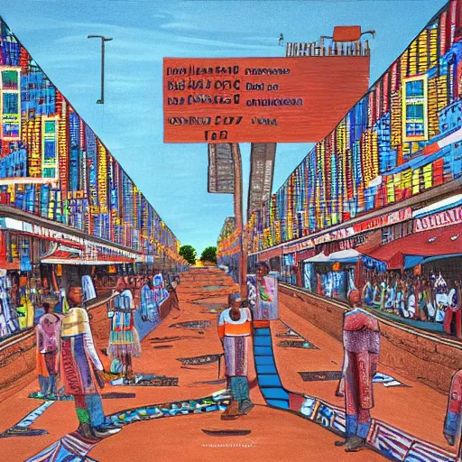 Image similar to ndebele city of the future, ndebele painted street scene, high definition, detailed, futuristic, night scene, realistic