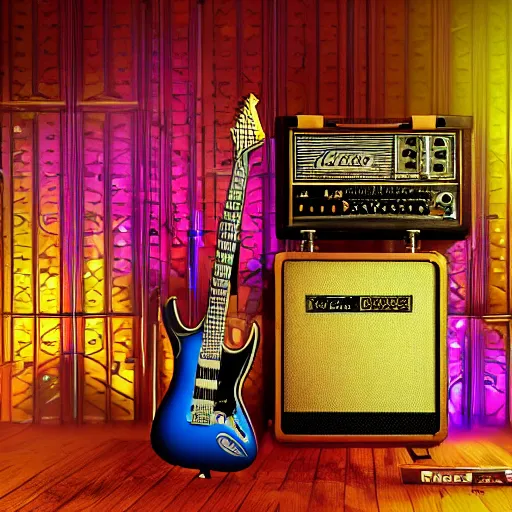 Image similar to guitar on a stand on a stage with a golden shiny electric guitar amp, the electric guitar is futuristic steampunk style with gears and tubes, 8 k, fluorescent colors, halluzinogenic, multicolored, exaggerated detailed, unreal engine - h 7 6 8