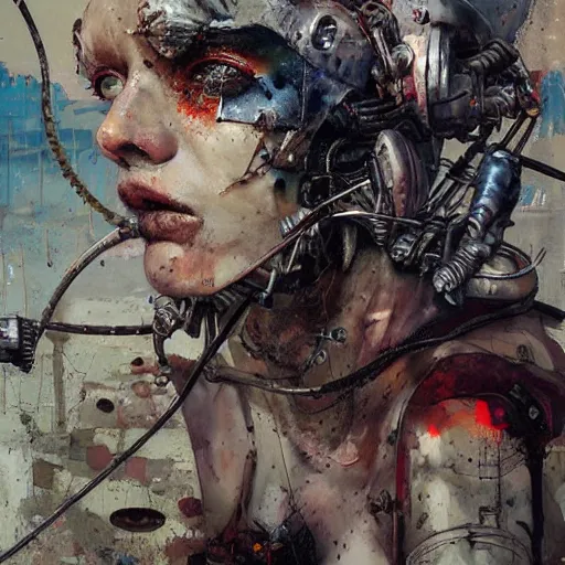 Image similar to mad max wires cybernetic implants, abandoned steelworks, grime and grunge, in the style of adrian ghenie, esao andrews, jenny saville,, surrealism, dark art by james jean, takato yamamoto