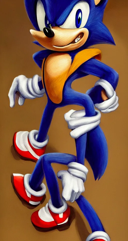 Prompt: studious portrait painting of sonic the hedgehog, chiaroscuro, elegant highly detailed oil painting 4 k, archival scan