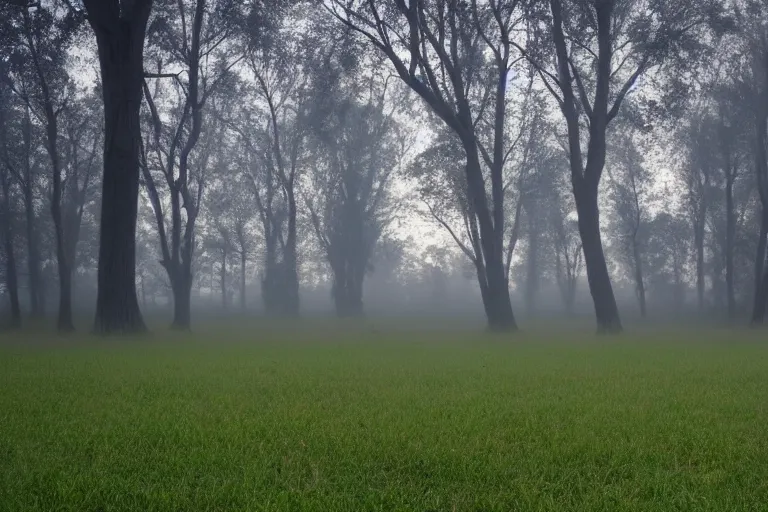 Prompt: grassy field with a sunset in the fog, photo by Vanessa Marsh,