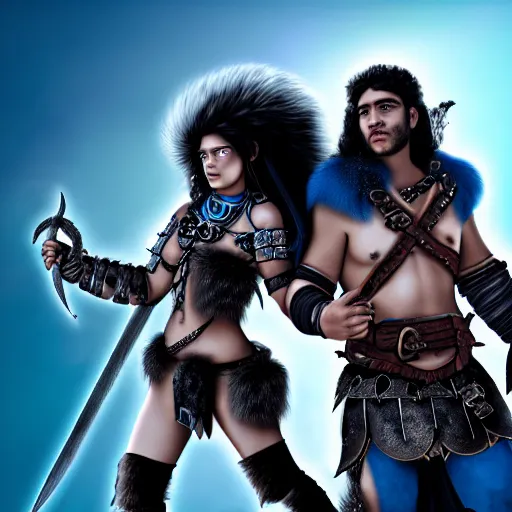 Prompt: a male DND barbarian wearing leather armor and fur holding a small blue-skinned Triton girl with black hair, high resolution film still, 4k, HDR colors, a dnd Triton girl with blue skin and messy black hair