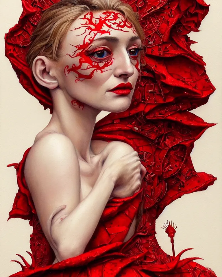 Image similar to epic professional portrait of gorgeous thin white woman with perfect face in armoured red dress, painted, intricate, detailed, by leesha hannigan, wayne haag, reyna rochin, ignacio fernandez rios, mark ryden, iris van herpen, artstation, cgsociety, epic, stunning, gorgeous, much wow.