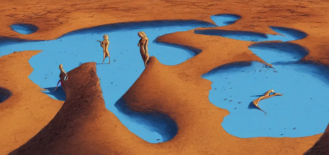 Image similar to a golden salt flat surrounded by dunes with a ruined statue of a woman emerging from the blue sand, illustrated, epic composistion, surreal flat colors, concept art