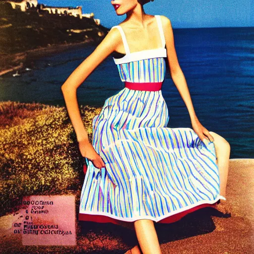 Image similar to 1 9 8 5 italia vogue magazine photo of a dress with cotton underskirt set, christian dior style, mediterranean beach background, refracted color lines, night, flash photography