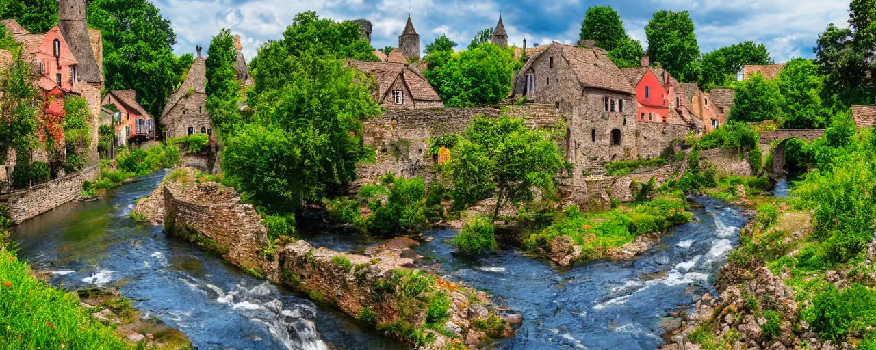 Image similar to a river running through a medieval village, summer, beautiful colors, wide-angle photograph, award winning, highly detailed