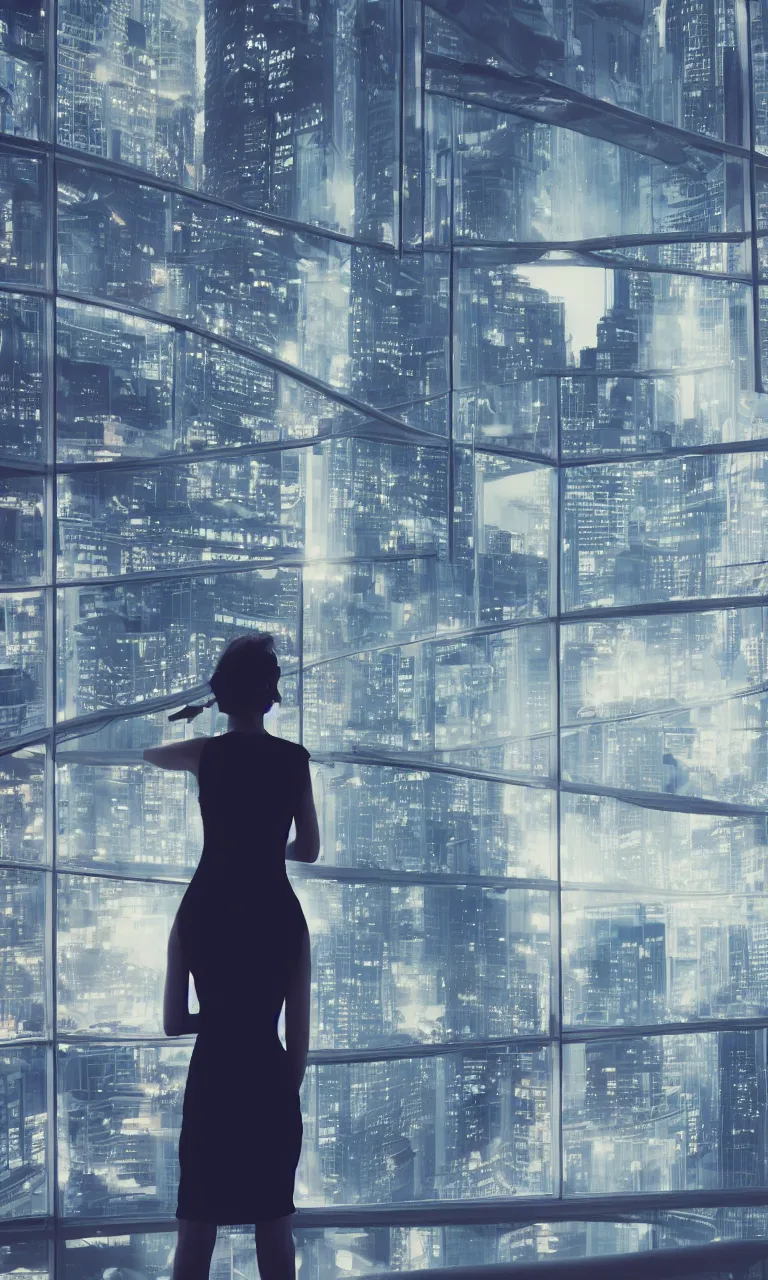 Prompt: horizontal view, photo, silhouette of woman wearing a cocktail dress and heels, her back to us, looking out a large window at a futuristic city