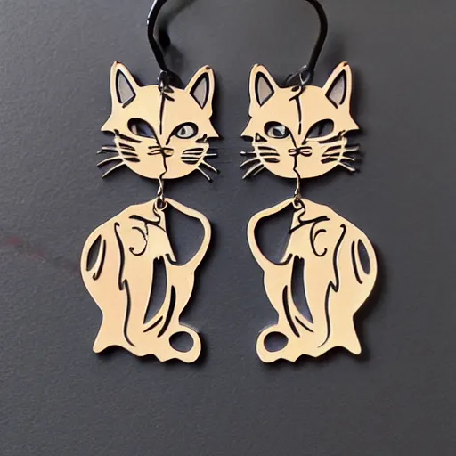 Prompt: 2d cat earrings, laser cut, in the style of mucha, unreal engine, studio lighting