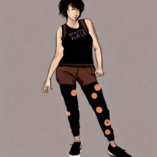 Prompt: POSE(playing guitar) WEAR(sweaty tank-top + sweatpants) APPEAR(short brown hair + short woman + twenty five years old + sticking tongue out) MOOD(vivid) NOTES(featured on ArtStation)