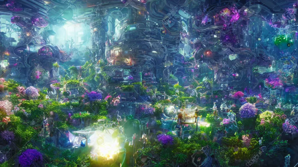 Prompt: a centered render digital materverse utopia, shining its light across a tumultuous sea of digital robot flowers and fairy, cyber punk, futurism, unreal engine, high detailed, 8 k, magic hour - s 9 9 3 2 4 1 3 7 7