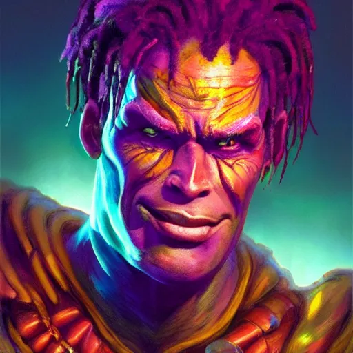 Prompt: Bright, colorful, realistic planescape torment single individual headshot dramatic backlighting, kodachrome, high contrast, highly detailed, sharp focus, digital painting, concept art, illustration, trending on artstation, comic book by Alex Ross cover art