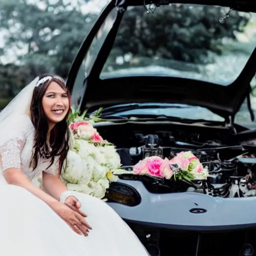 Prompt: a car engine getting married