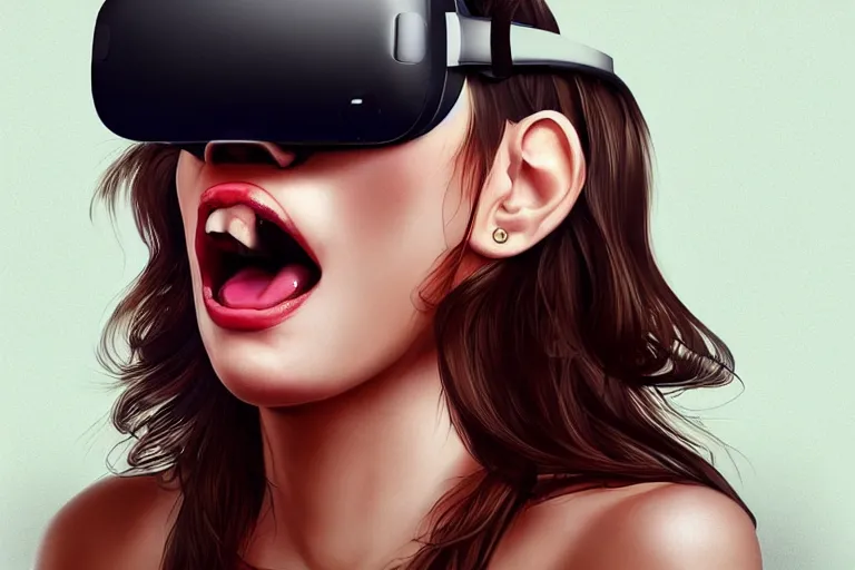 Prompt: a woman with a vr headset has a pill on her tongue and is hallucinating by artgerm, trending on artstation