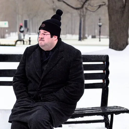 Image similar to Kevin Malone wearing a black beanie hat and black wool overcoat sitting on a park bench during the winter