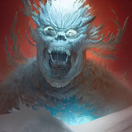 Image similar to A monster in the Arctic covered in snow, fractal Lighting, by Stanley Artgerm Lau, WLOP, Rossdraws, James Jean, Andrei Riabovitchev, Marc Simonetti, and Sakimichan, trending on artstation