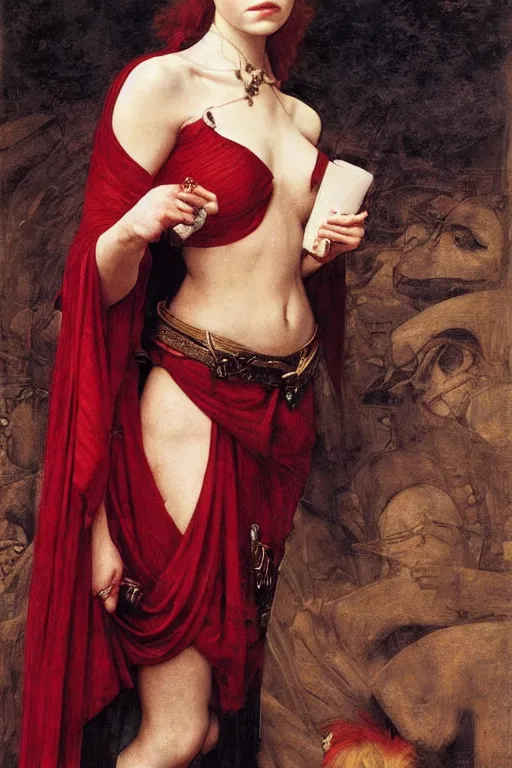 Image similar to emma stone as a bandit queen, goddes of the vampires, red silk dress, bloodshot eyes by edgar maxence and caravaggio and michael whelan and delacroix