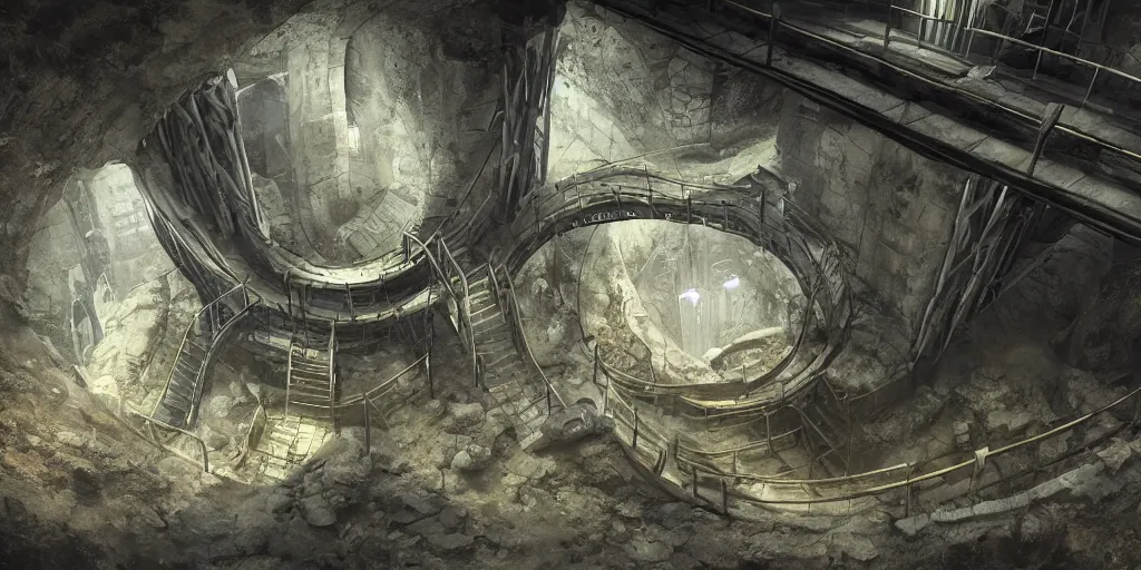 Prompt: an underground machine city built in a perfectly round bottomless chasm, houses are built into the sidewalls, long winding stairs going down, 8 k, shallow depth of field, moody lighting, ultra high detail, concept art,