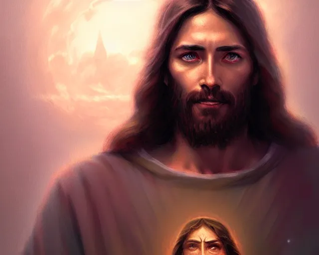 Image similar to jesus christ in 2 0 2 2, detailed intricate illustration, detailed illustration, hd, 4 k, digital art, overdetailed art, by greg rutkowski, by loish, complementing colors, trending on artstation, deviantart