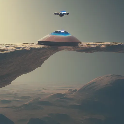 Image similar to A futuristic flying vehicle hovering the surface of Mars, mars colony on the background, wide angle, low angle shot, mood lighting, Behance, digital art in the style of Oblivion movie, by Beeple, trending on Artstation