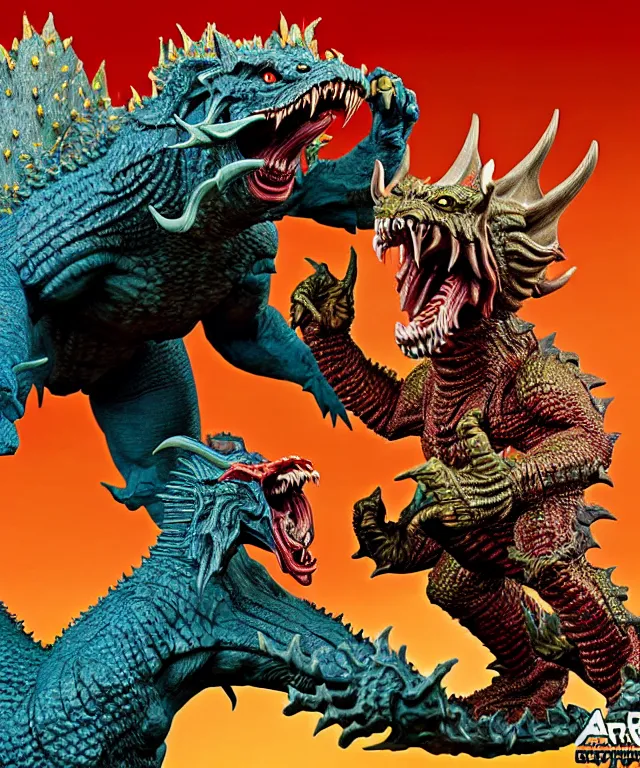 Image similar to a hyperrealistic rendering of an epic boss fight against an ornate king emporer kaiju beast god by art of skinner and richard corben, product photography, collectible action figure, sofubi