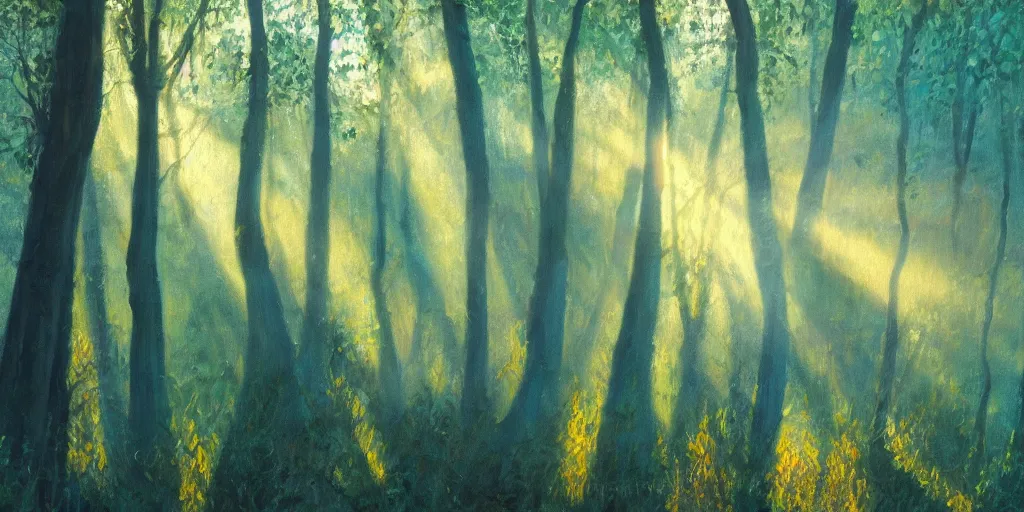 Image similar to An oil painting of an intensely beautiful forest in the morning; rays of light coming through the canopy