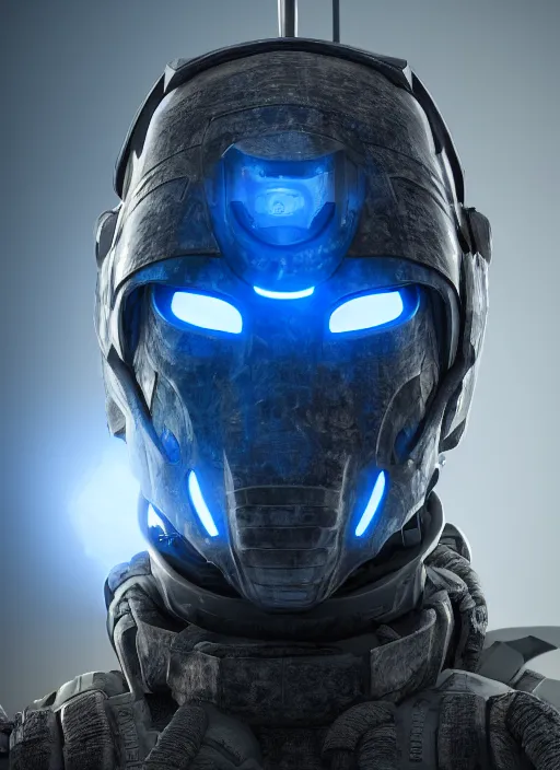 Prompt: concept art of futuristic soldier wearing an armoured facemask, with intricate carving details in black and glowing blue, ultra realistic, octane render, 8 k, hd, realistic lighting, moody, dramatic