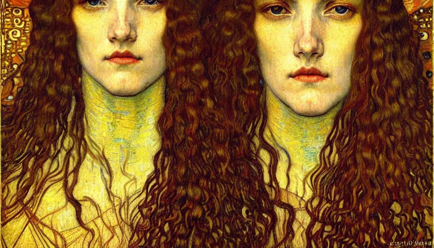 Image similar to detailed realistic beautiful young medieval queen face portrait by jean delville, gustav klimt and vincent van gogh, art nouveau, symbolist, visionary, gothic, pre - raphaelite, muted earthy colors, desaturated