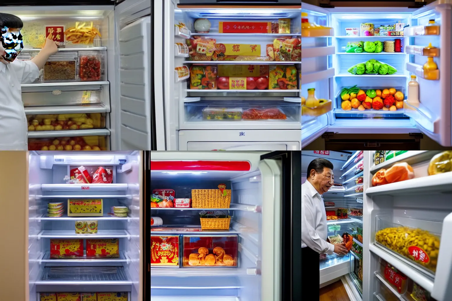 Prompt: xi jinping looking for food in a fridge, taken from within a fridge