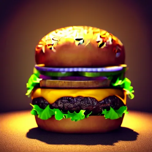 Image similar to a burger in the shape of a cat, with fries, volumetric lighting, 4 k