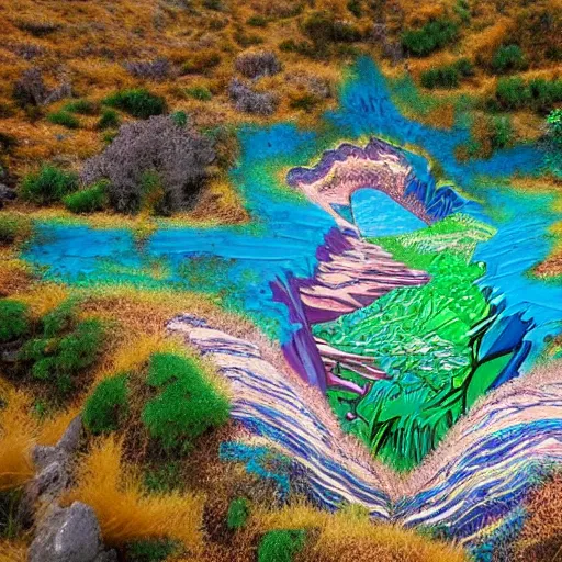 Prompt: photo of natural landscape shaped like 3 d wildstyle graffiti