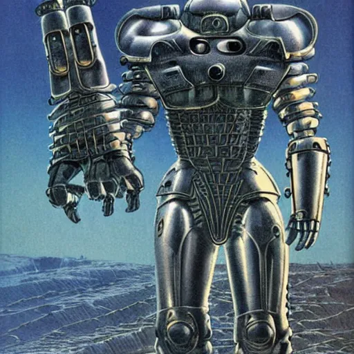 Prompt: vintage illustration of huge warrior mechanoid armor by wayne barlowe