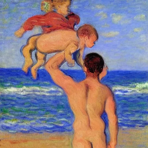 Image similar to a man carrying his child over his shoulders walking near the beach, anatomically correct, painting by monet, masterpiece