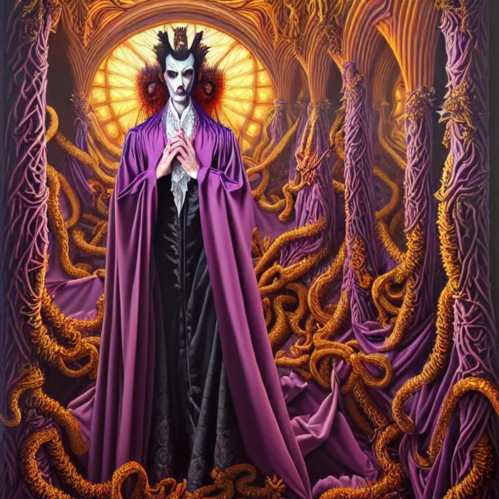 Image similar to beautiful oil painting, full length portrait of vampire dauphinois in baroque coronation robes 1701, Dan Mumford, Dan Mumford, Alex grey, hyacinthe rigaurd, highly detailed , lsd visuals, dmt fractal patterns, visionary art, psychedelic art, ornate, vaporwave, baroque, Greg rutkowski