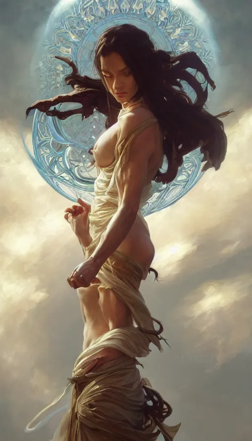 Prompt: seraphim, perfectly-centered-painting of the most beautiful women on the planet, sweaty, dynamic action pose, insane, intricate, highly detailed, digital painting, artstation, concept art, smooth, sharp focus, illustration, Unreal Engine 5, 8K, art by artgerm and greg rutkowski and alphonse mucha