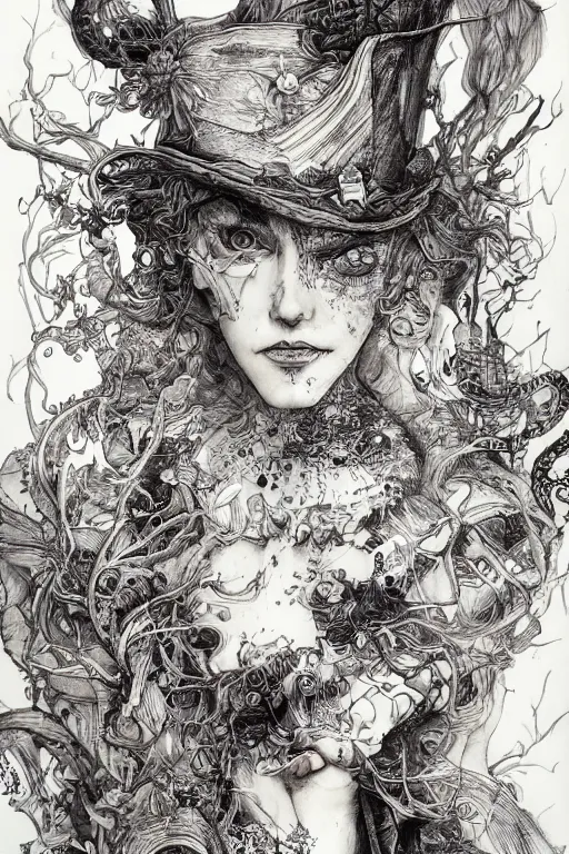 Image similar to We're all mad here Alice, Alice in wonderland, twisted, insanity, pen and ink, intricate line drawings, by Yoshitaka Amano, Ruan Jia, Kentaro Miura, Artgerm, watercolor