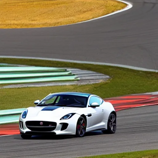 Prompt: a 2 0 1 5 jaguar f - type r coupe driving on a racetrack