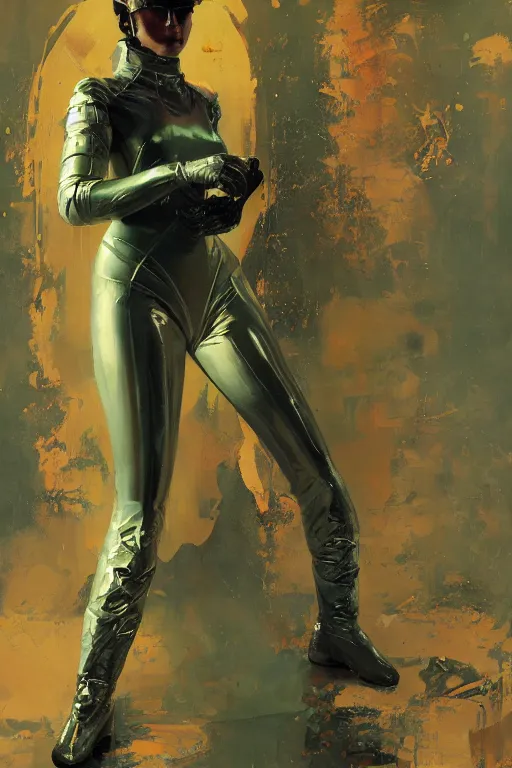 Image similar to pulp scifi fantasy illustration full body portrait of elegant woman wearing latex spacesuit, by norman rockwell, jack kirby, bergey, craig mullins, ruan jia, jeremy mann, tom lovell, 5 0 s, astounding stories, fantasy