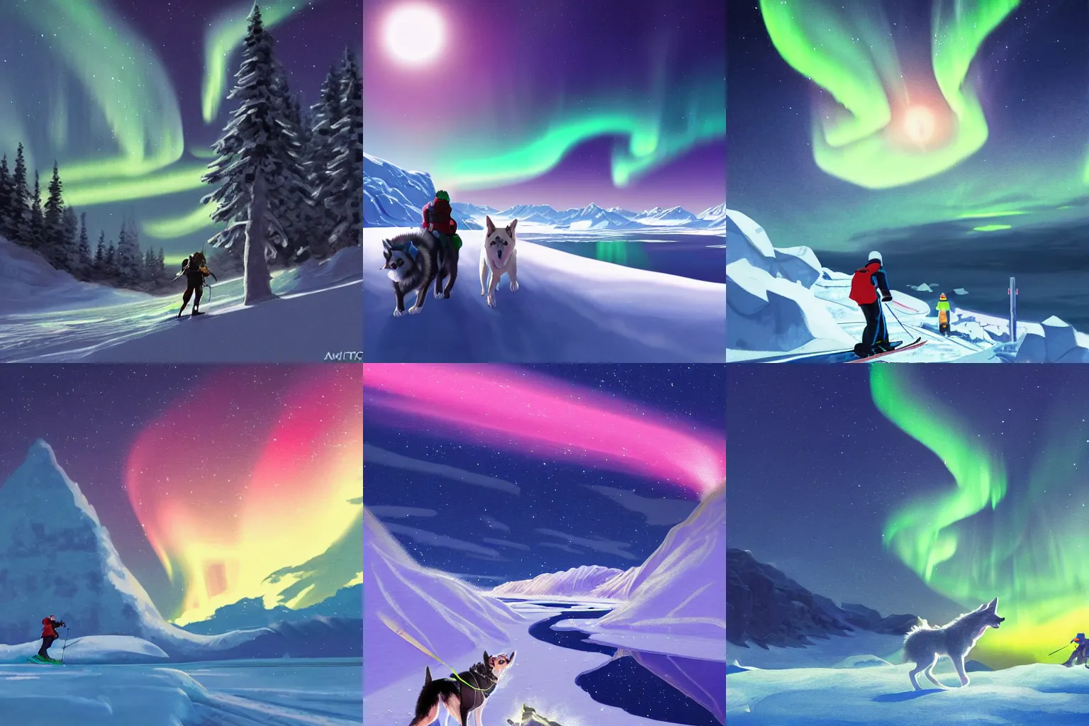 Prompt: anime painting of an adventurer exploring the arctic on skis with a husky, illuminated by the beautiful northern lights in the night sky above them, by makoto shinkai, tranquil, trending on artstation, kimi no na wa